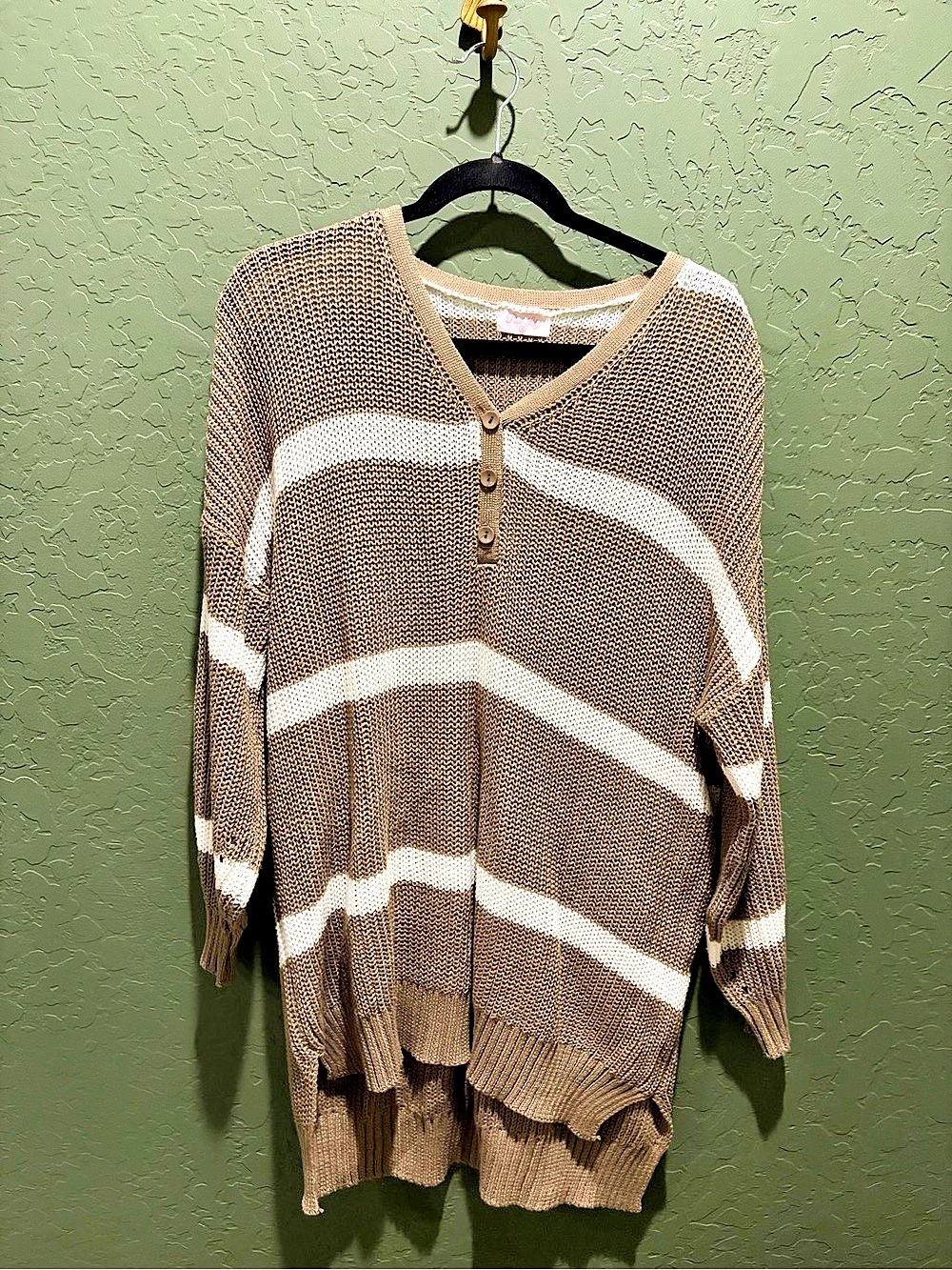 Pink Lily Sweet Serenity Taupe and White Striped Long Sleeve Sweater Striped
